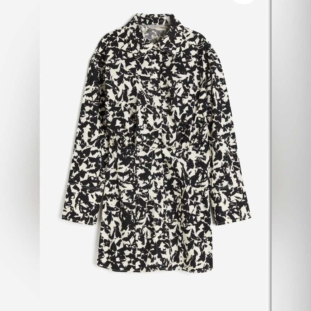 H&M Monochrome Abstract Patterned Long Sleeve Cotton Shirt Dress SzS Office Sire